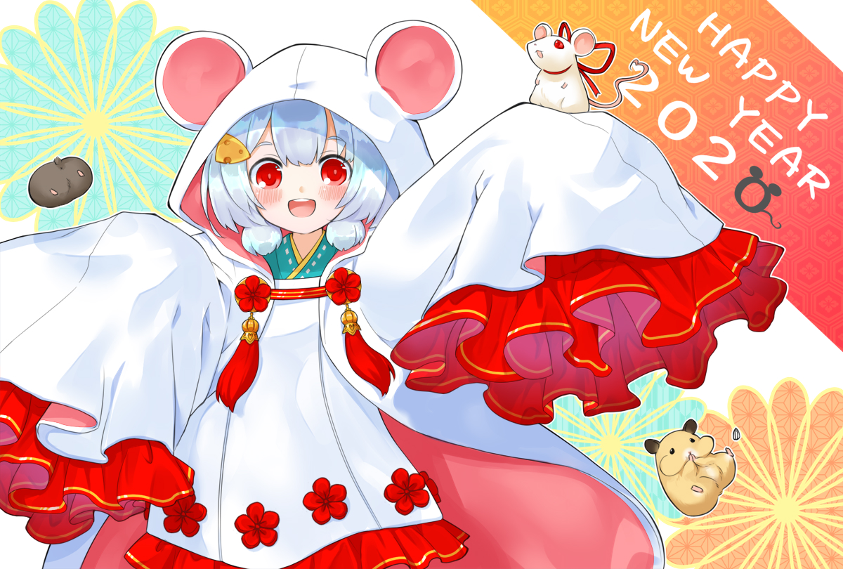 ahase hino, original, commentary request, 1girl, 2020, :d, animal ears, blue flower, blue hair, blush, cheese hair ornament, chinese zodiac, flower, food-themed hair ornament, hair ornament, hamster, happy new year, hood, hood up, looking at viewer, mouse (animal), mouse ears, mouse girl, nengajou, new year, open mouth, orange flower, red eyes, red flower, seed, sleeves past fingers, sleeves past wrists, smile, solo, sunflower seed, teeth, tongue, upper teeth only, year of the rat