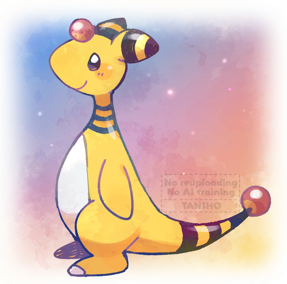 tansho, ampharos, nintendo, pokemon, animal focus, blush, closed mouth, forehead jewel, full body, gem, gen 2 pokemon, no humans, pokemon (creature), pokemon focus, smile, solo, tail
