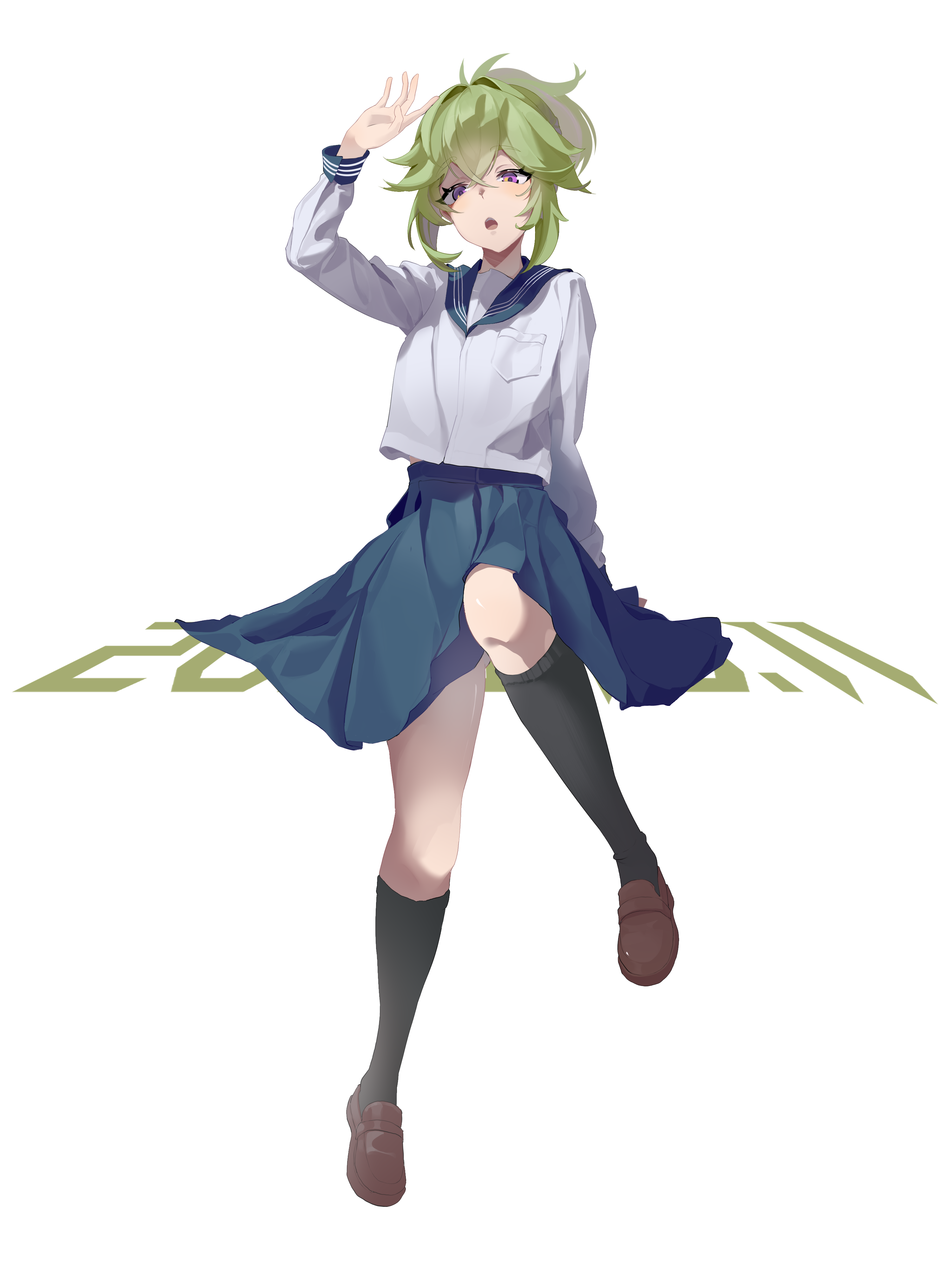 zhileng zhil, genshin impact, absurdres, character request, highres, 1girl, black socks, collared shirt, gluteal fold, green hair, loafers, long hair, midriff peek, open mouth, pleated skirt, purple eyes, sailor collar, shirt, shirt overhang, shoes, sitting, skirt, socks, solo, teeth, upper teeth only, white background, white shirt