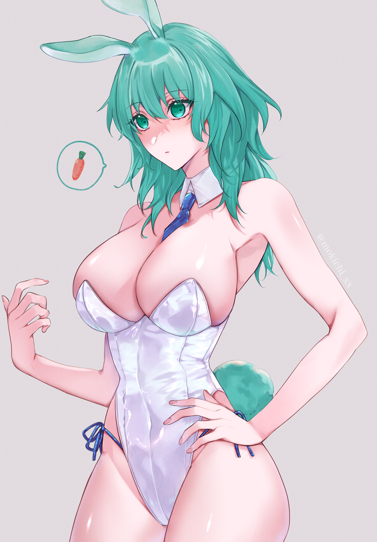 mokichi xx, female byleth (fire emblem), fire emblem, fire emblem: three houses, nintendo, highres, 1girl, alternate costume, alternate hair color, animal ears, armpits, bare shoulders, blue necktie, breasts, carrot, cleavage, covered navel, detached sleeves, female byleth (awakened) (fire emblem), green eyes, green hair, hair between eyes, large breasts, leotard, long hair, necktie, playboy bunny, rabbit ears, rabbit tail, sideboob, simple background, skindentation, solo, speech bubble, strapless, strapless leotard, tail, thighs, white leotard