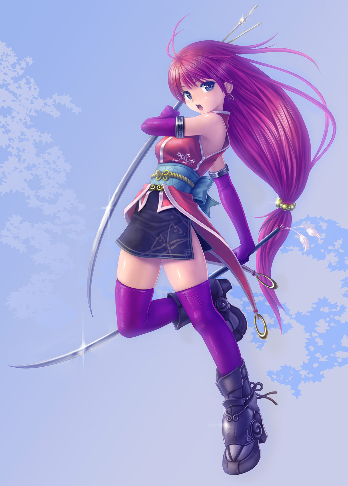 kanzeon, original, highres, blue eyes, dual wielding, earrings, elbow gloves, gloves, holding, jewelry, long hair, purple hair, side slit, solo, sword, thighhighs, very long hair, weapon