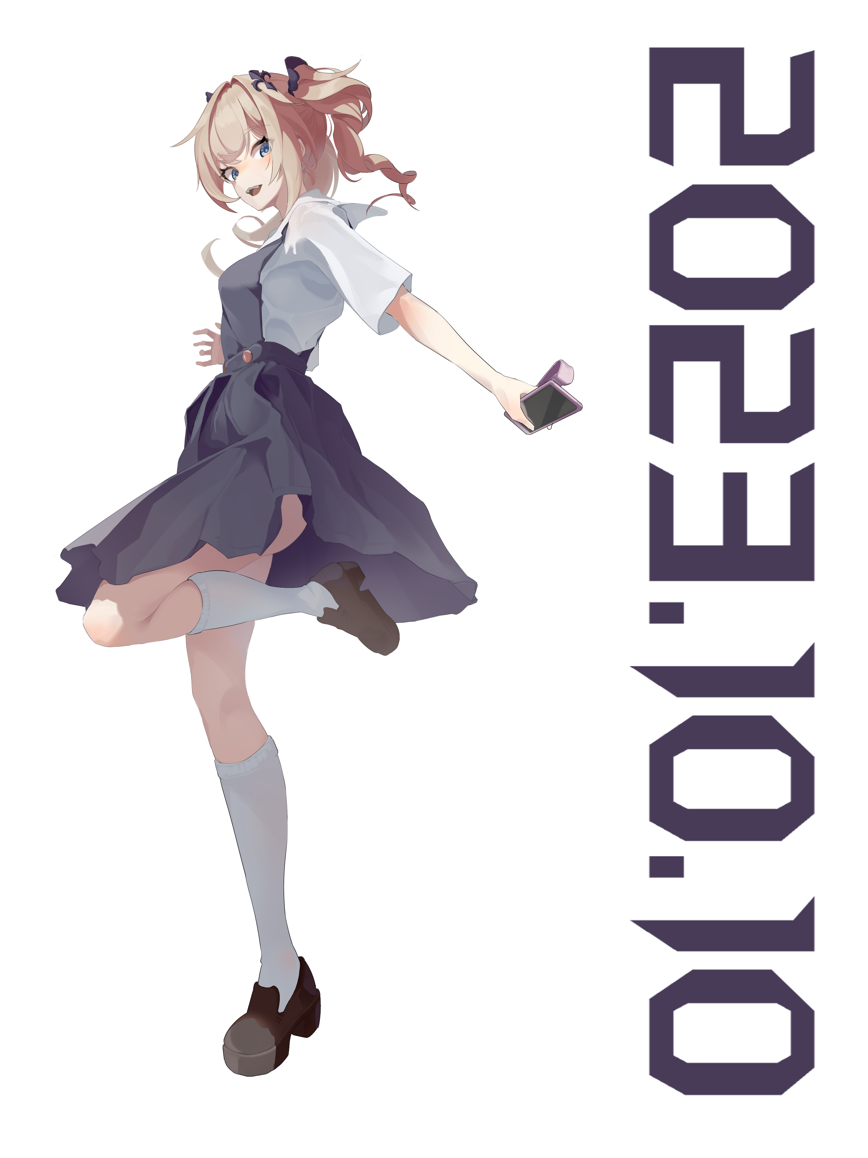 zhileng zhil, genshin impact, absurdres, character request, highres, 1girl, ass, blue eyes, dress, loafers, pink hair, pleated dress, shirt, shoes, short sleeves, socks, solo, standing, standing on one leg, twintails, white background, white shirt, white socks