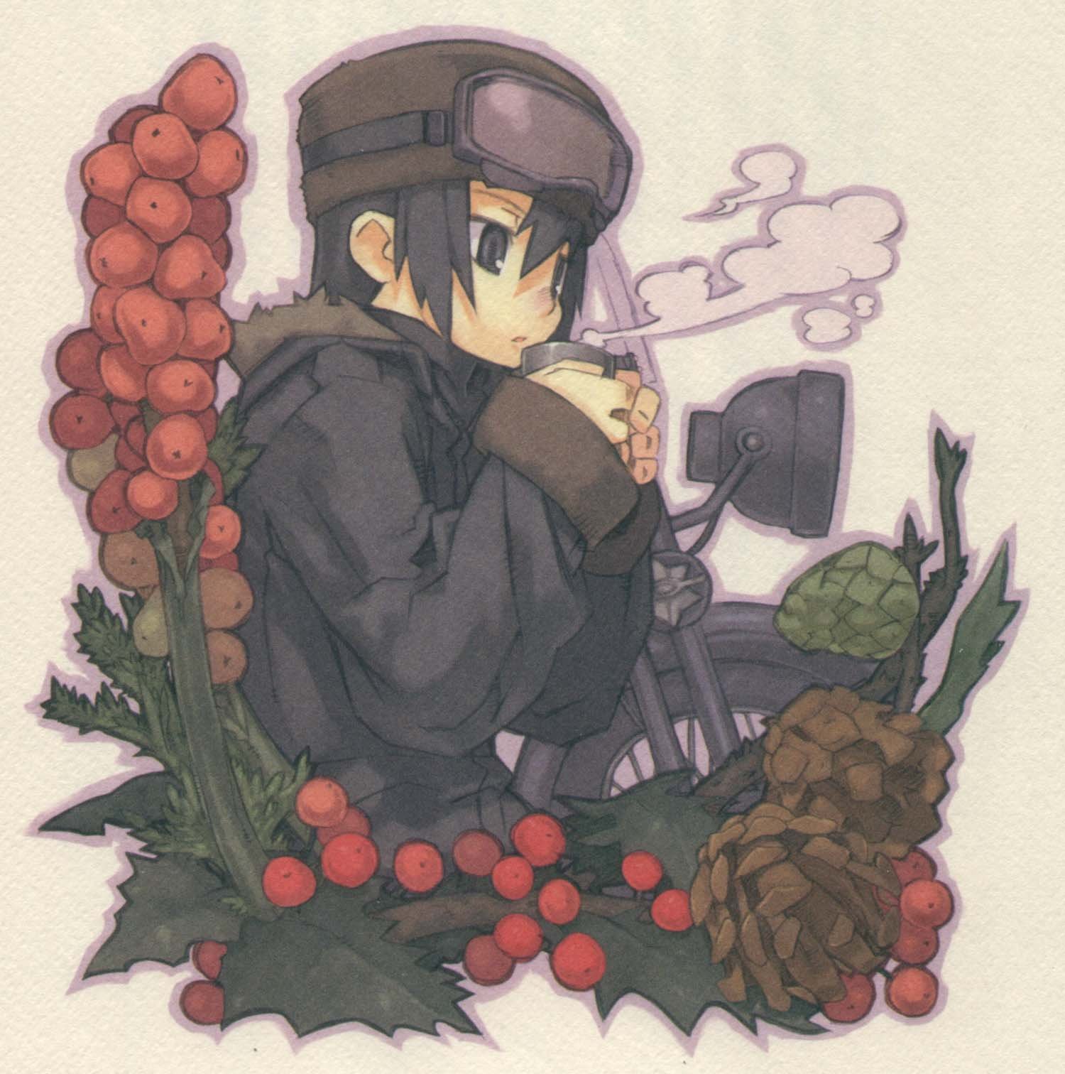 kuroboshi kouhaku, hermes (kino no tabi), kino (kino no tabi), kino no tabi, vehicle, highres, 00s, 1girl, androgynous, berry, cold, female focus, fur hat, hat, motor vehicle, motorcycle, reverse trap, solo, steam, strobile, tomboy