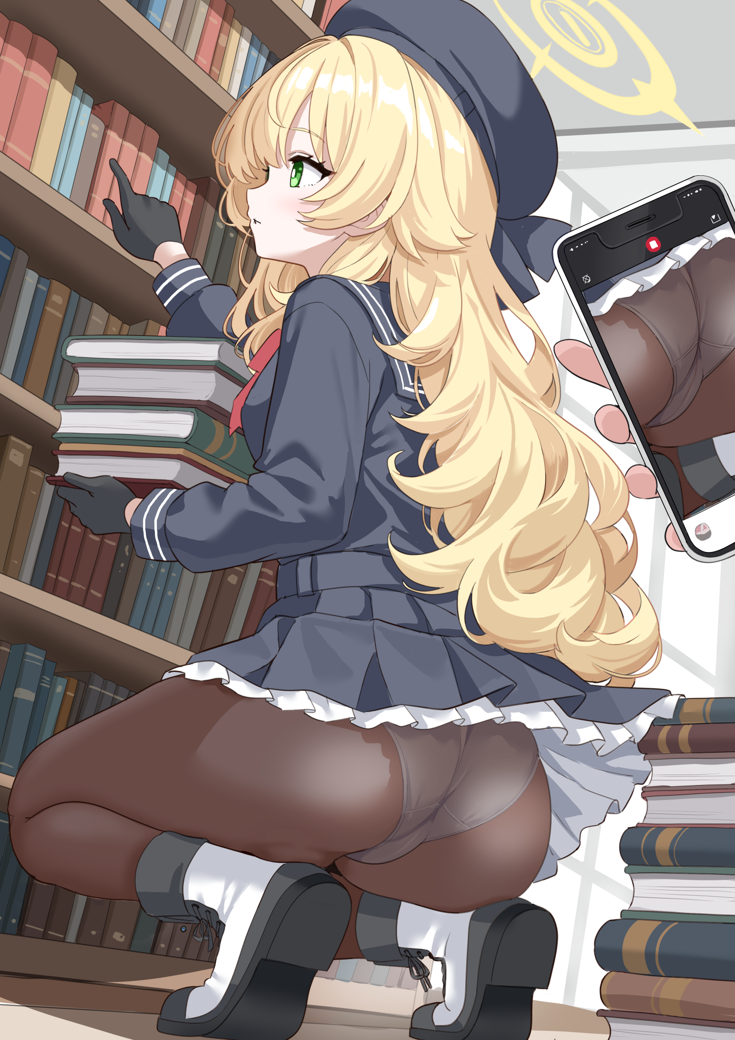 shimouki izui, professor niyaniya (blue archive), blue archive, fluffy hair, commentary request, commission, highres, pixiv commission, variant set, 1girl, 1other, ass, beret, black gloves, black hat, black pantyhose, black sailor collar, black serafuku, black shoes, black skirt, blonde hair, blue serafuku, blue skirt, book, bookshelf, boots, bow, bowtie, breasts, cellphone, frilled skirt, frills, gloves, green eyes, halo, hat, hidden camera, holding, holding book, holding phone, indoors, library, long hair, long sleeves, miniskirt, panties, panties under pantyhose, pantyhose, phone, pile of books, pleated skirt, recording, red bow, red bowtie, sailor collar, school uniform, serafuku, shoes, side ahoge, skirt, small breasts, smartphone, socks, solo focus, squatting, underwear, upskirt, very long hair, voyeurism, white panties, white socks, yellow halo