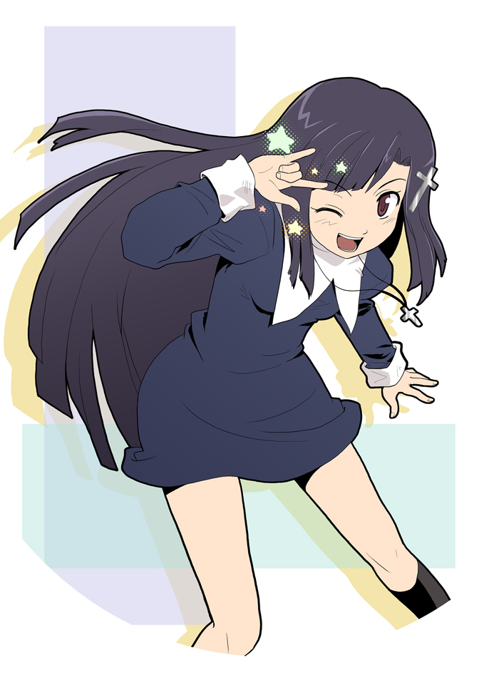 haniwa, haniwa (leaf garden), zange, kannagi, 00s, 1girl, female focus, m/, one eye closed, seikan hikou, solo, wink