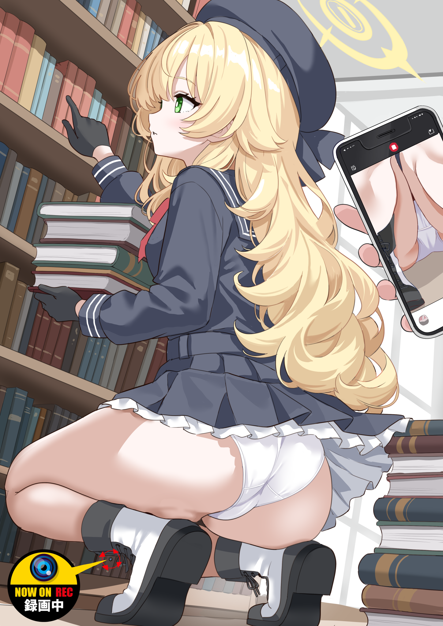 shimouki izui, professor niyaniya (blue archive), blue archive, fluffy hair, commentary request, commission, highres, pixiv commission, variant set, 1girl, 1other, ass, beret, black gloves, black hat, black sailor collar, black serafuku, black shoes, black skirt, blonde hair, blue serafuku, blue skirt, book, bookshelf, boots, bow, bowtie, breasts, cellphone, frilled skirt, frills, gloves, green eyes, halo, hat, hidden camera, holding, holding book, holding phone, indoors, library, long hair, long sleeves, miniskirt, panties, pantyhose, phone, pile of books, pleated skirt, recording, red bow, red bowtie, sailor collar, school uniform, serafuku, shoes, side ahoge, skirt, small breasts, smartphone, socks, solo focus, squatting, thighs, underwear, upskirt, very long hair, voyeurism, white panties, white socks, yellow halo