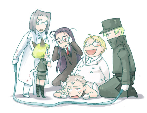 captain (hellsing), doctor (hellsing), major (hellsing), rip van winkle (hellsing), schroedinger (hellsing), zorin blitz, hellsing, 2girls, 4boys, animal ears, blood, cat boy, cat ears, exhausted, glasses, happy, holding, holding jump rope, jump rope, multiple boys, multiple girls