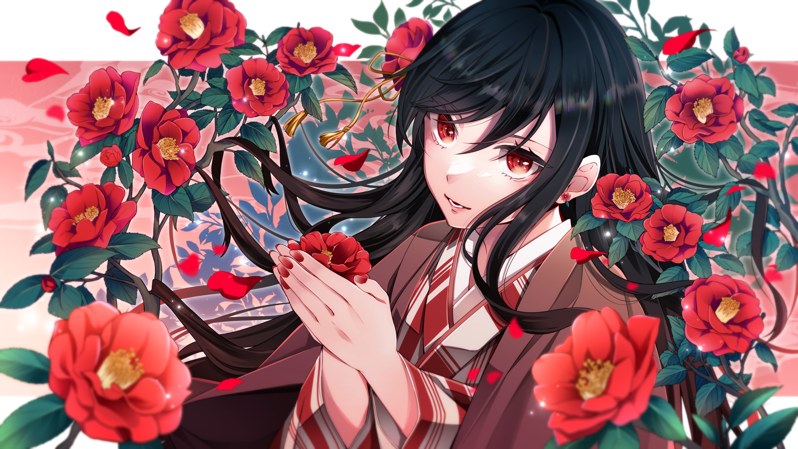 teemi, original, commentary request, highres, 1girl, black hair, border, earrings, fingernails, flower, flower earrings, hair between eyes, japanese clothes, jewelry, kimono, lips, long hair, nail polish, petals, pillarboxed, red eyes, red flower, red kimono, red nails, solo, striped clothes, striped kimono, white border