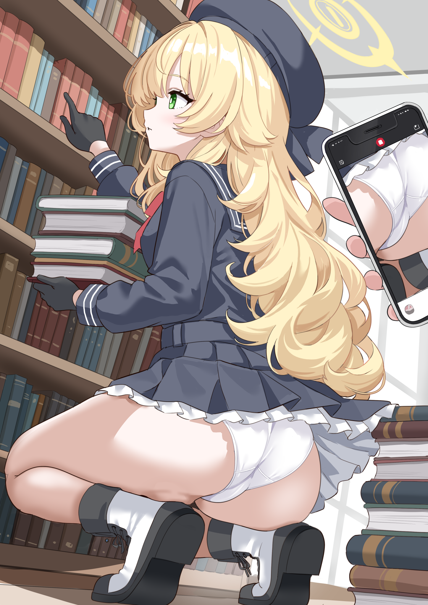 shimouki izui, professor niyaniya (blue archive), blue archive, fluffy hair, commentary request, commission, highres, pixiv commission, variant set, 1girl, 1other, ass, beret, black gloves, black hat, black sailor collar, black serafuku, black shoes, black skirt, blonde hair, blue serafuku, blue skirt, book, bookshelf, boots, bow, bowtie, breasts, cellphone, frilled skirt, frills, gloves, green eyes, halo, hat, hidden camera, holding, holding book, holding phone, indoors, library, long hair, long sleeves, miniskirt, panties, pantyhose, phone, pile of books, pleated skirt, recording, red bow, red bowtie, sailor collar, school uniform, serafuku, shoes, side ahoge, skirt, small breasts, smartphone, socks, solo focus, squatting, thighs, underwear, upskirt, very long hair, voyeurism, white panties, white socks, yellow halo