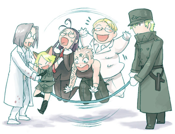 captain (hellsing), doctor (hellsing), major (hellsing), rip van winkle (hellsing), schroedinger (hellsing), zorin blitz, hellsing, 2girls, 4boys, animal ears, blood, cat boy, cat ears, happy, holding, holding jump rope, jump rope, jumping, multiple boys, multiple girls