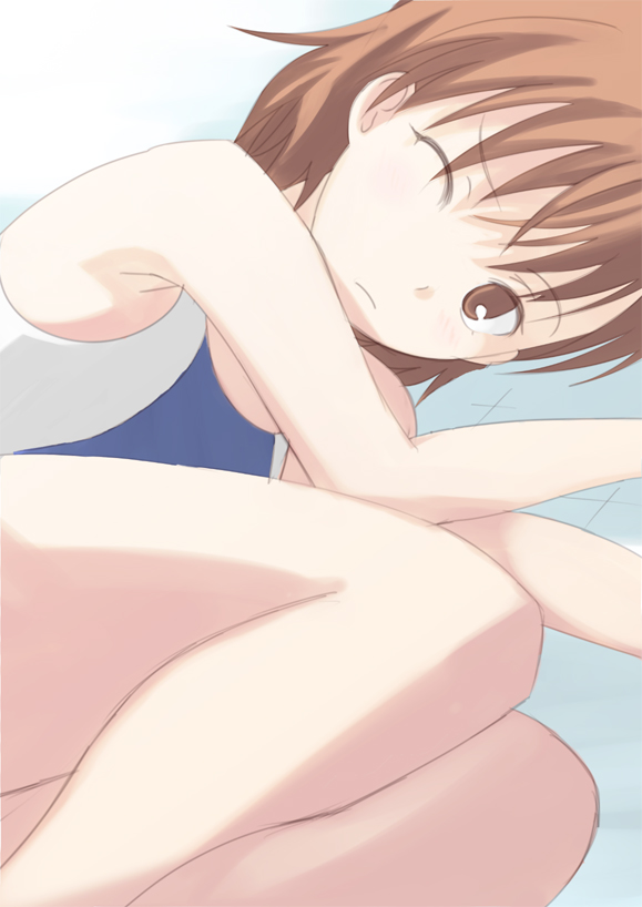 enoki p, misaka mikoto, toaru majutsu no index, bad id, bad pixiv id, 00s, lying, one eye closed, solo, swimsuit, wink