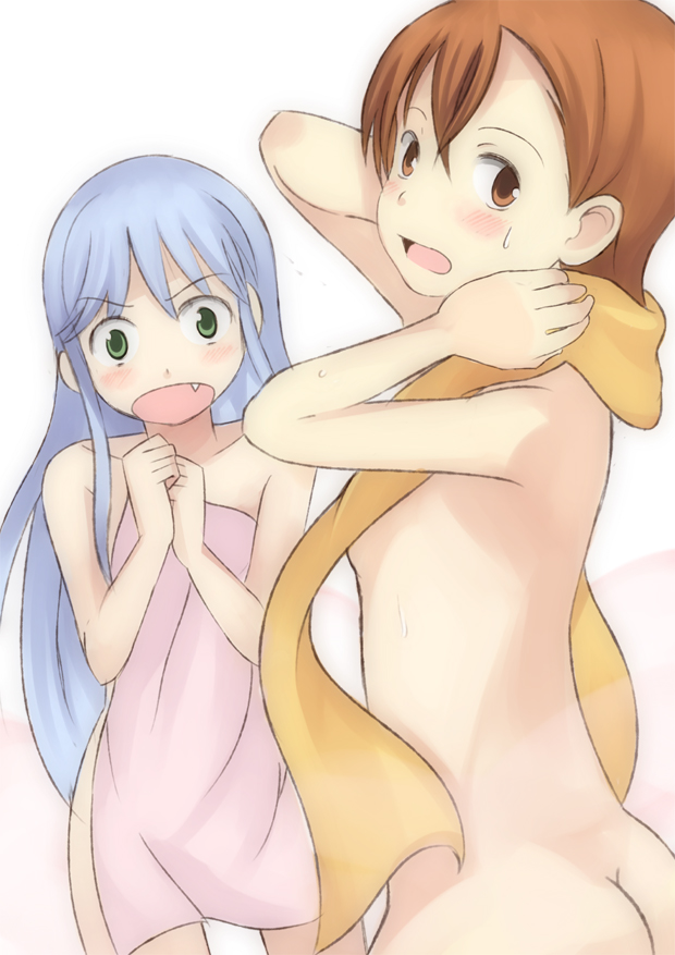 enoki p, index (toaru majutsu no index), misaka mikoto, toaru majutsu no index, bad id, bad pixiv id, 00s, 2girls, ass, blue hair, fang, multiple girls, nude, towel