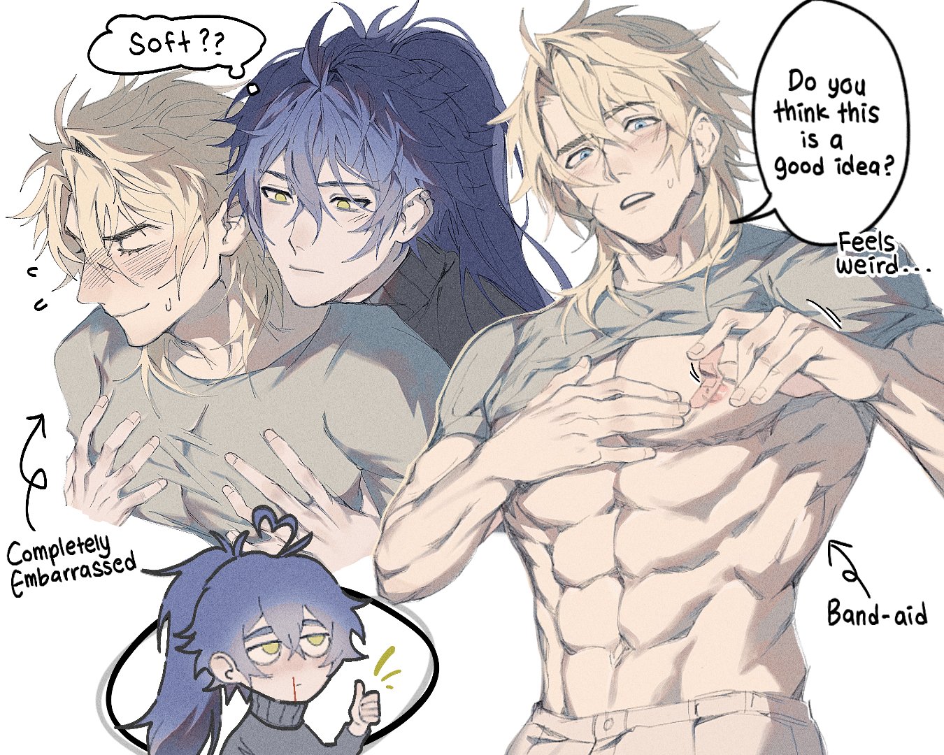 critnyt, flins (genshin impact), varka (genshin impact), genshin impact, commentary, english commentary, 2boys, abs, ahoge, arms up, aroused nosebleed, bandaid, bandaids on nipples, blood, blue hair, blush, broad shoulders, closed mouth, clothes lift, crew neck, cropped torso, crossed bangs, double-parted bangs, ear piercing, earrings, empty eyes, english text, fingernails, grey pants, grey shirt, groin, hair between eyes, hand on own chest, hands on another's chest, heart, heart ahoge, jewelry, long hair, male focus, medium hair, multiple boys, multiple views, muscular, muscular male, nervous sweating, nosebleed, open mouth, pants, pasties, piercing, ponytail, shirt, shirt lift, short sleeves, smile, speech bubble, sweat, teeth, thumbs up, tight clothes, upper teeth only, very long hair, white background, yaoi, yellow eyes
