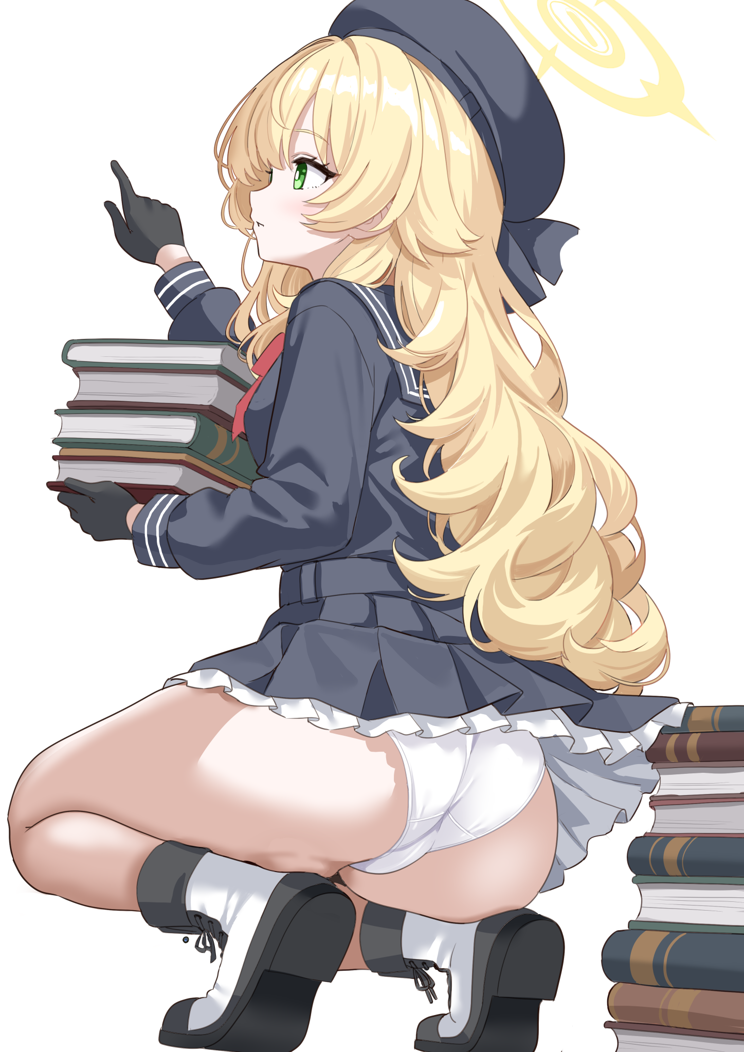 shimouki izui, professor niyaniya (blue archive), blue archive, fluffy hair, commentary request, commission, highres, pixiv commission, variant set, 1girl, 1other, ass, beret, black gloves, black hat, black sailor collar, black serafuku, black shoes, black skirt, blonde hair, blue serafuku, blue skirt, book, boots, bow, bowtie, breasts, frilled skirt, frills, gloves, green eyes, halo, hat, hidden camera, holding, holding book, holding phone, long hair, long sleeves, miniskirt, panties, pantyhose, phone, pile of books, pleated skirt, recording, red bow, red bowtie, sailor collar, school uniform, serafuku, shoes, side ahoge, simple background, skirt, small breasts, socks, solo, squatting, thighs, underwear, upskirt, very long hair, voyeurism, white background, white panties, white socks, yellow halo