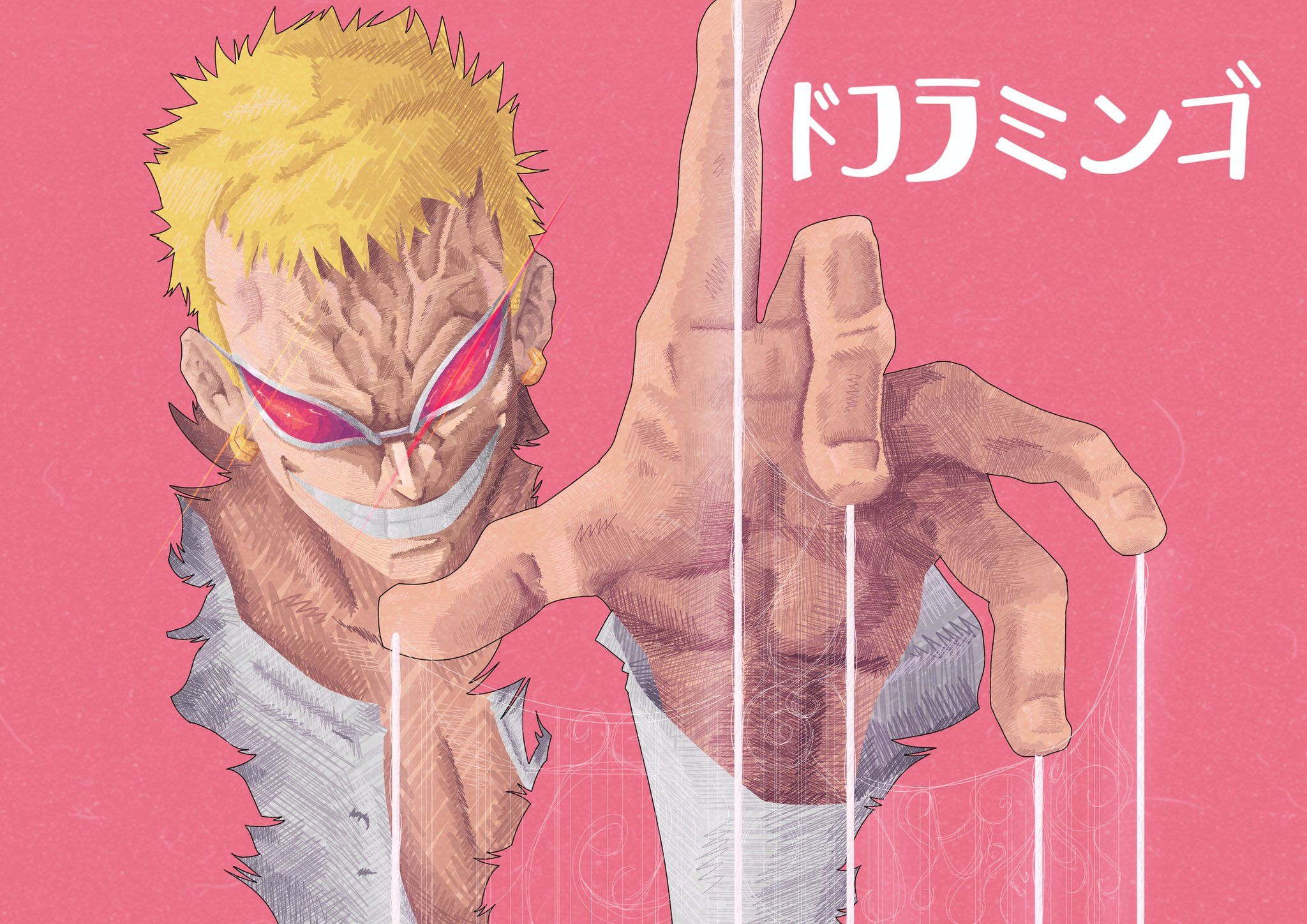 donquixote doflamingo, one piece, highres, 1boy, 23prasojo, blonde hair, character name, coat, earrings, grin, jewelry, male focus, open clothes, open shirt, pink coat, shirt, short hair, smile, solo, sunglasses, thread, veiny face, white shirt