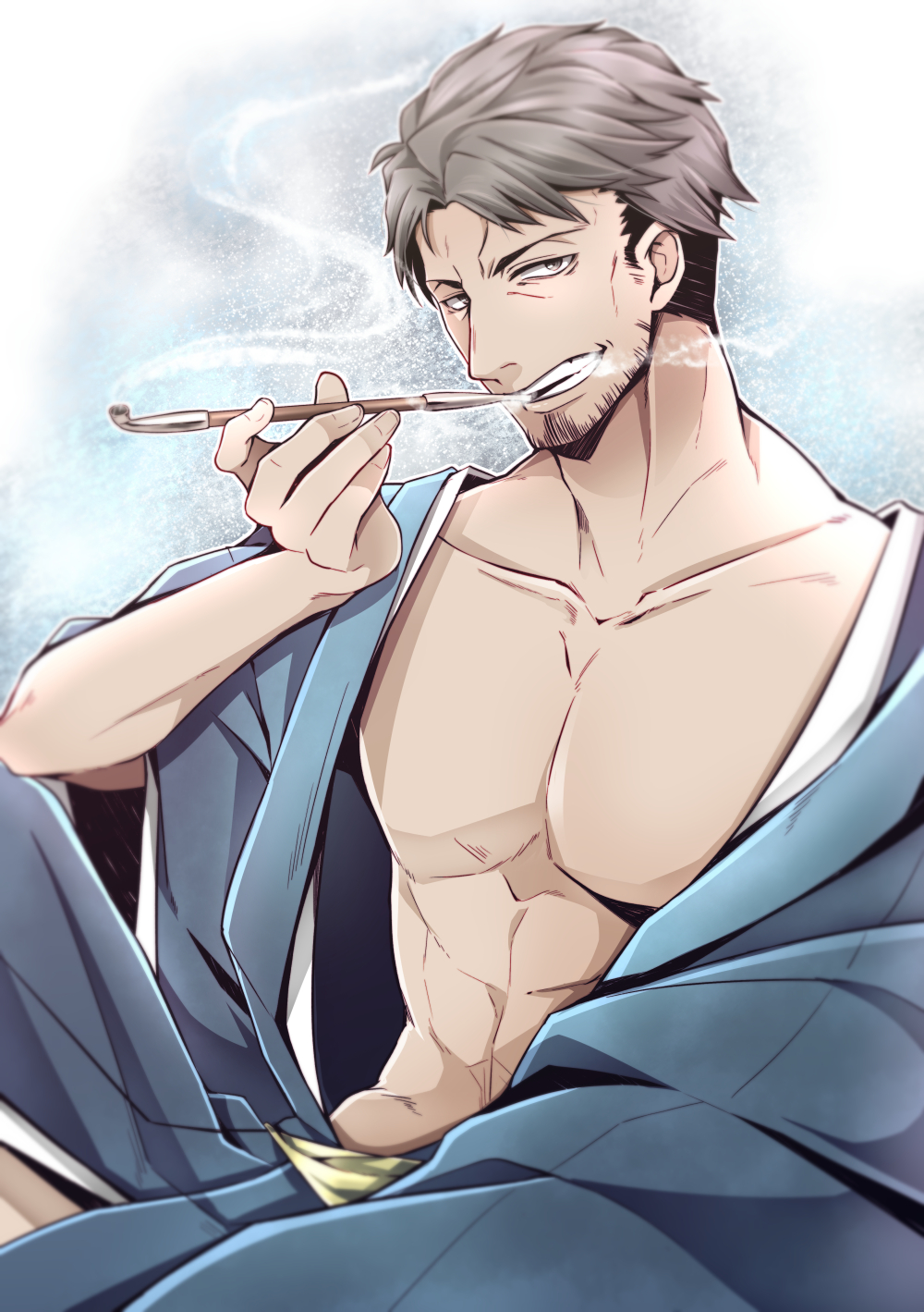 teemi, original, commentary request, highres, 1boy, abs, beard, black hair, blue kimono, brown eyes, facial hair, grey hair, holding, holding smoking pipe, japanese clothes, kimono, male focus, mature male, multicolored hair, pectorals, smoking pipe, solo, teeth, two-tone hair