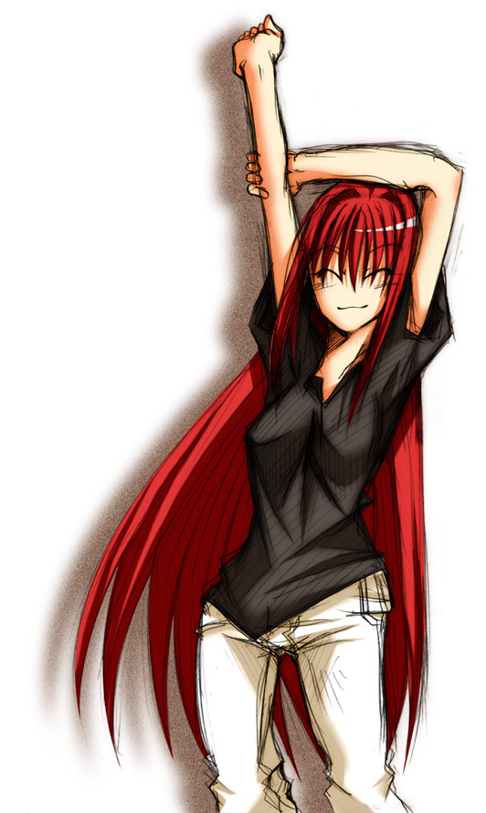 aozaki aoko, tsukihime, 00s, ^ ^, closed eyes, cowboy shot, red hair, solo, stretching