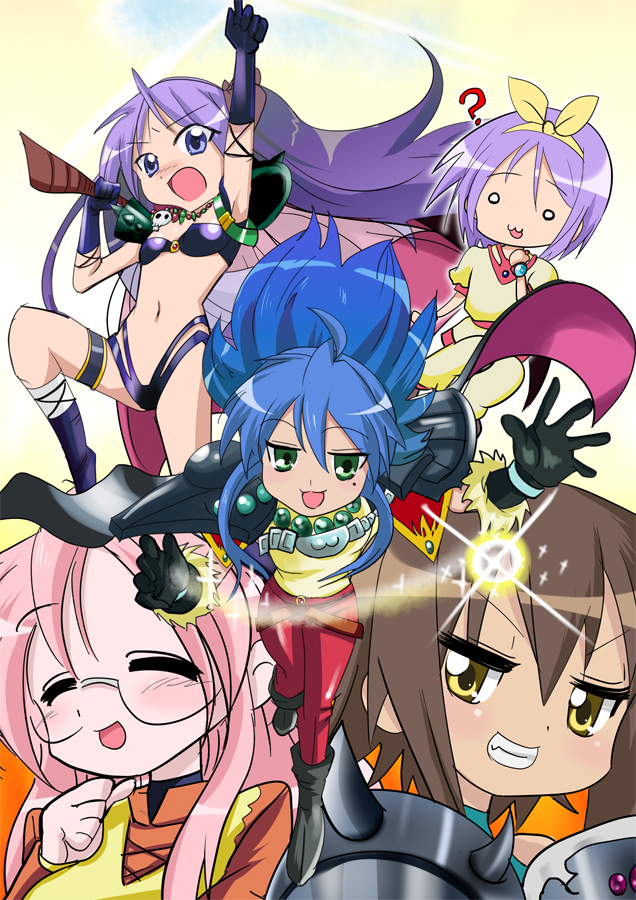 fujitama koto, gou hiromi, amelia wil tesla seyruun, hiiragi kagami, hiiragi tsukasa, izumi konata, kusakabe misao, lina inverse, naga the serpent, takara miyuki, lucky star, slayers, 5girls, :3, ?, ahoge, amelia wil tesla seyruun (cosplay), cosplay, lina inverse (cosplay), mole, mole under eye, multiple girls, naga the serpent (cosplay)