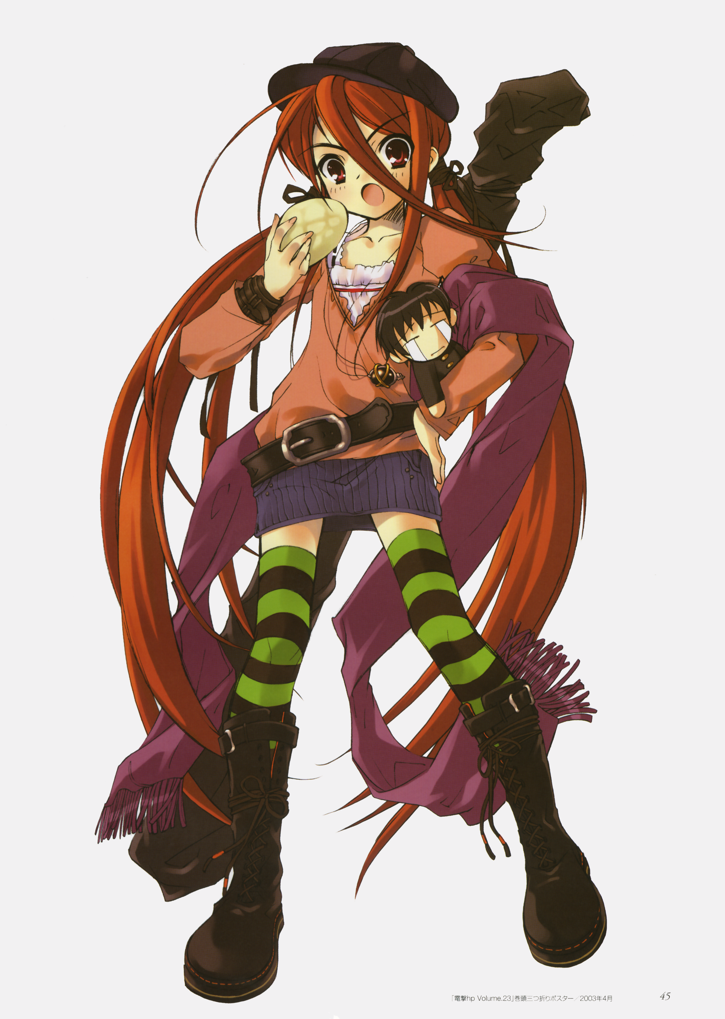 ito noizi, alastor (shakugan no shana), sakai yuuji, shana, shakugan no shana, absurdres, highres, 00s, 1girl, belt, boots, bread, buckle, female focus, food, full body, jewelry, melon bread, pendant, red eyes, red hair, simple background, solo, standing, striped clothes, striped thighhighs, thighhighs