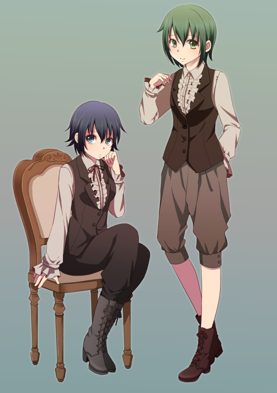 teemi, original, commentary request, 2boys, blue eyes, blue hair, boots, brown shirt, brown shoes, brown shorts, brown vest, center frills, chair, closed mouth, collared shirt, frills, full body, green background, green eyes, green hair, grey boots, hair between eyes, looking at viewer, multiple boys, puffy shorts, shirt, shoelaces, shoes, shorts, simple background, sitting, smile, vest