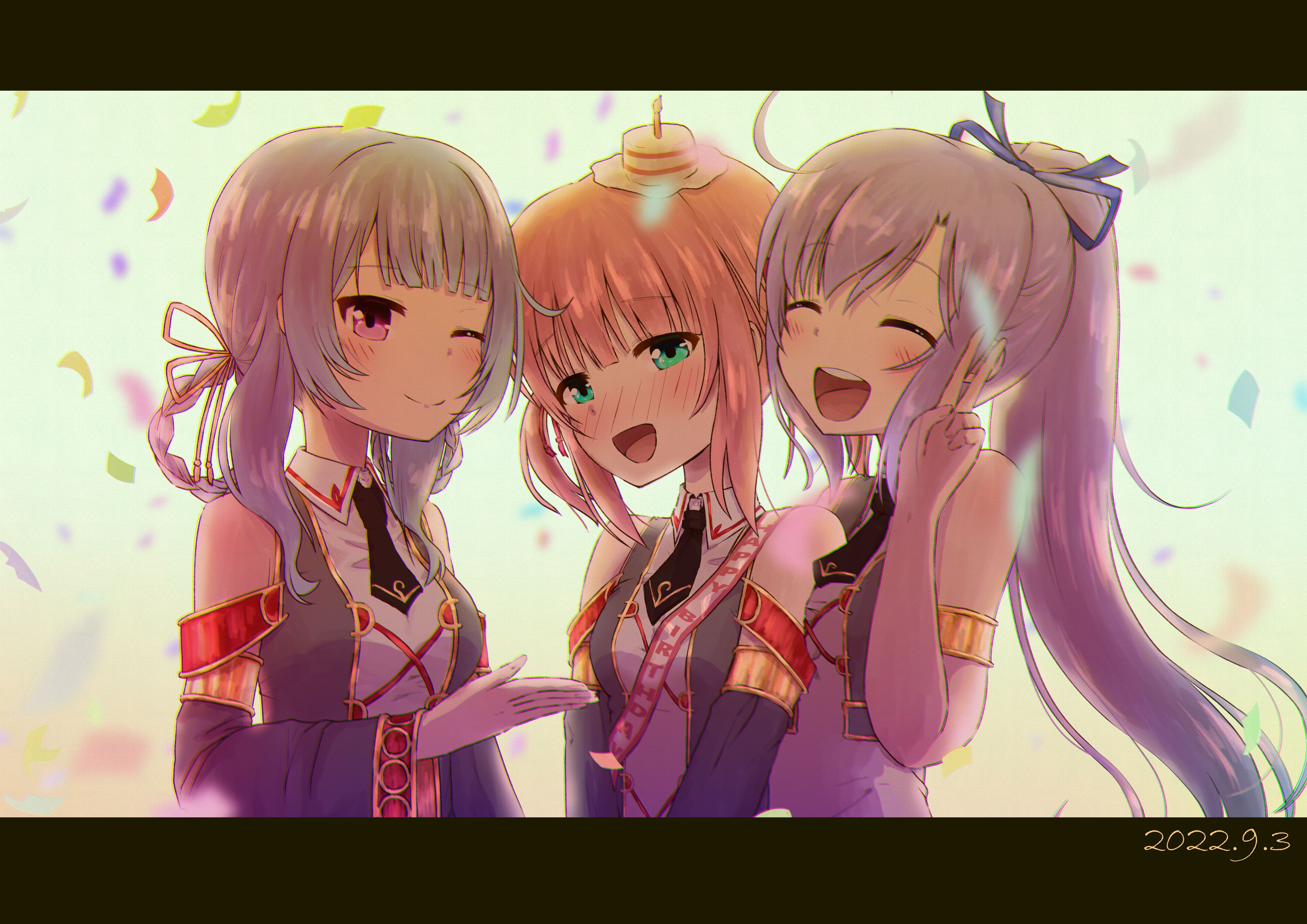 janenbokumeetu, christine ketoura, olivie cromwright, patricia shandy, iris mysteria!, gold armlet, absurdres, highres, 3girls, ^ ^, bare shoulders, black necktie, blue bow, blue hair, blush, bow, breasts, cake on head, closed eyes, confetti, dated, detached sleeves, embarrassed, green eyes, grey jacket, grey sleeves, hair bow, hair rings, happy birthday, jacket, medium breasts, multiple girls, necktie, one eye closed, open mouth, pink bow, pink hair, ponytail, purple eyes, short twintails, sleeveless, sleeveless jacket, smile, twintails, upper body, v
