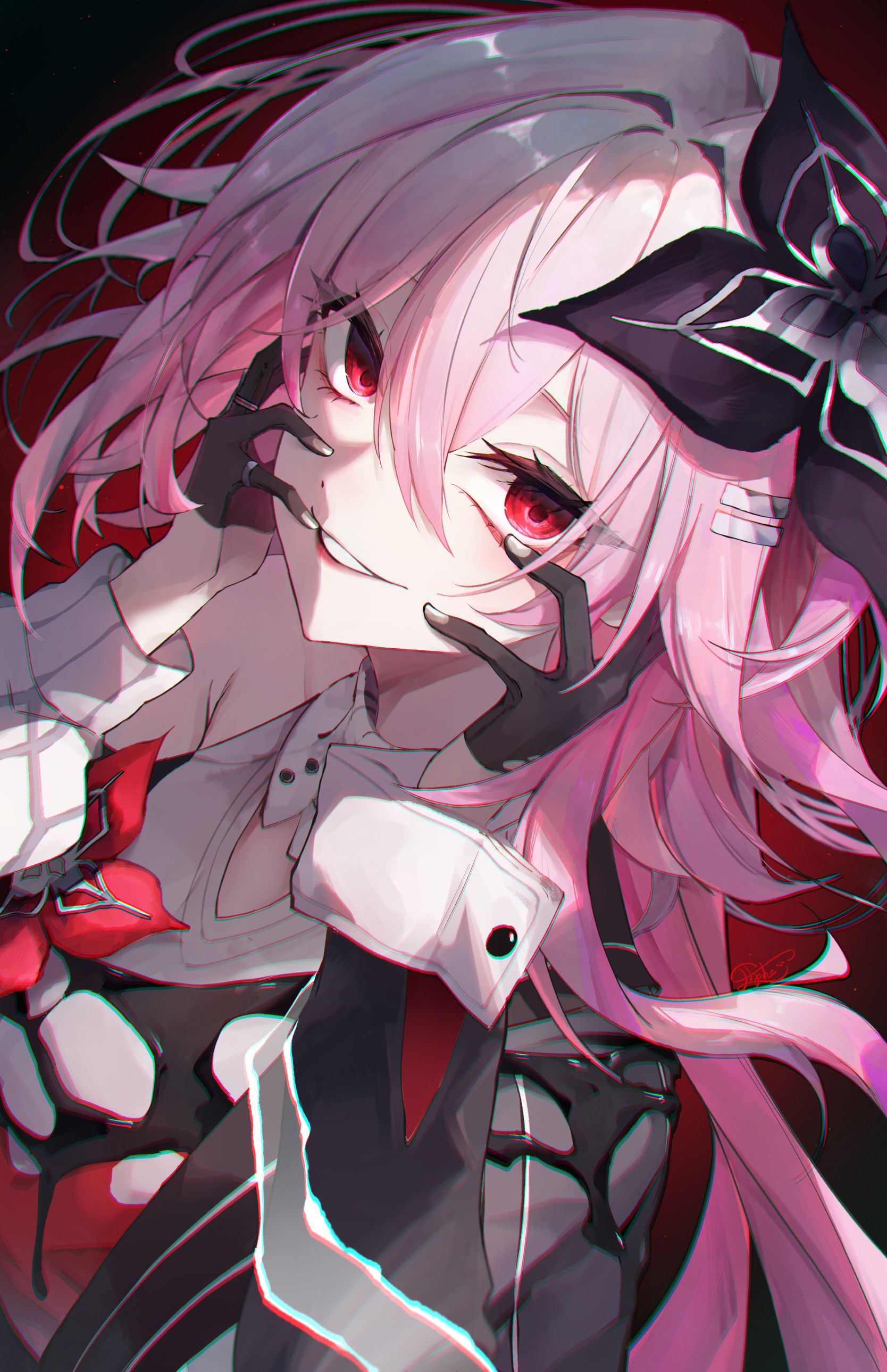 elphe, evernight (honkai: star rail), march 7th (honkai: star rail), honkai: star rail, honkai (series), absurdres, highres, 1girl, black flower, black gloves, flower, gloves, hair between eyes, hair flower, hair ornament, hairclip, long hair, long sleeves, looking at viewer, official alternate costume, official alternate eye color, official alternate hair length, official alternate hairstyle, parallel hairclips, parted lips, pink hair, red eyes, smile, solo, upper body