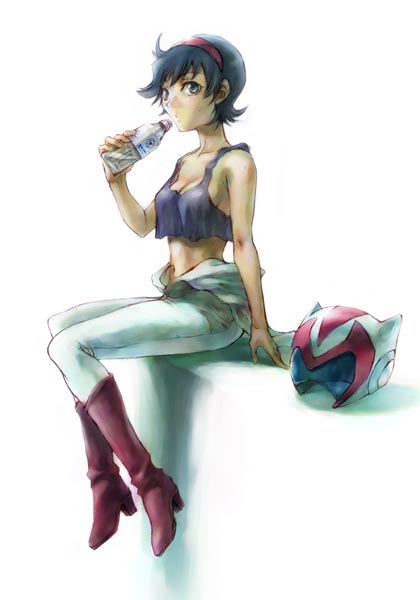 nakamura kanko, saotome michiru, getter robo, toei company, pilot suit, 1girl, black hair, blue eyes, boots, bottle, breasts, cleavage, drink, female focus, hairband, helmet, medium breasts, midriff, navel, short hair, sideboob, sitting, solo, tank top