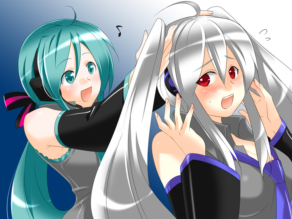 caffein, hatsune miku, yowane haku, vocaloid, 2girls, ahoge, alternate hairstyle, blue hair, blush, bow, detached sleeves, green eyes, hairstyle switch, happy, headphones, long hair, multiple girls, necktie, red eyes, surprised, surprised arms, twintails, white hair