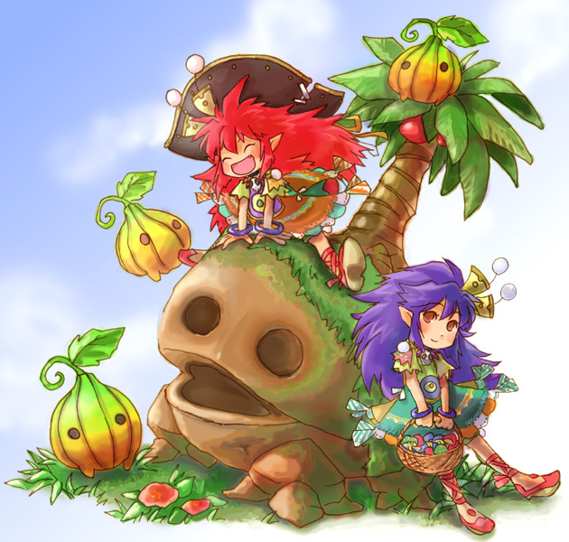 fuju, march (trusty bell), salsa, salsa (trusty bell), trusty bell, 2girls, basket, chibi, dress, elf, fang, flower, happy, hat, monster, multiple girls, pointy ears, purple hair, red hair, siblings, sisters, tree