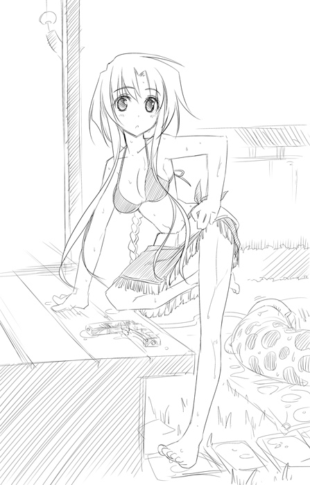 himura kiseki, archerko (himura kiseki), fate/stay night, fate (series), 00s, 1girl, armpits, barefoot, bikini, braid, breasts, cleavage, female focus, greyscale, hose, kneeling, leg lift, long hair, monochrome, outdoors, pool, sarong, solo, string bikini, swimsuit, very long hair, wading pool, water, water gun, wet