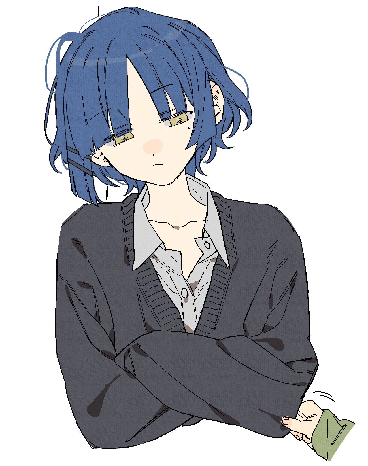 dayama, yamada ryo, bocchi the rock!, 1girl, 1other, blue hair, closed mouth, crossed arms, mole, mole under eye, school uniform, short hair