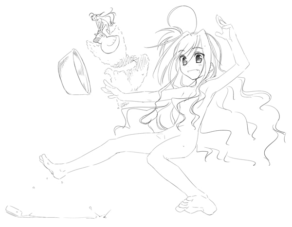 himura kiseki, reinforce zwei, vita (nanoha), lyrical nanoha, mahou shoujo lyrical nanoha, 00s, ahoge, armpits, barefoot, falling, feet, greyscale, monochrome, nude, rubber duck, soap, towel