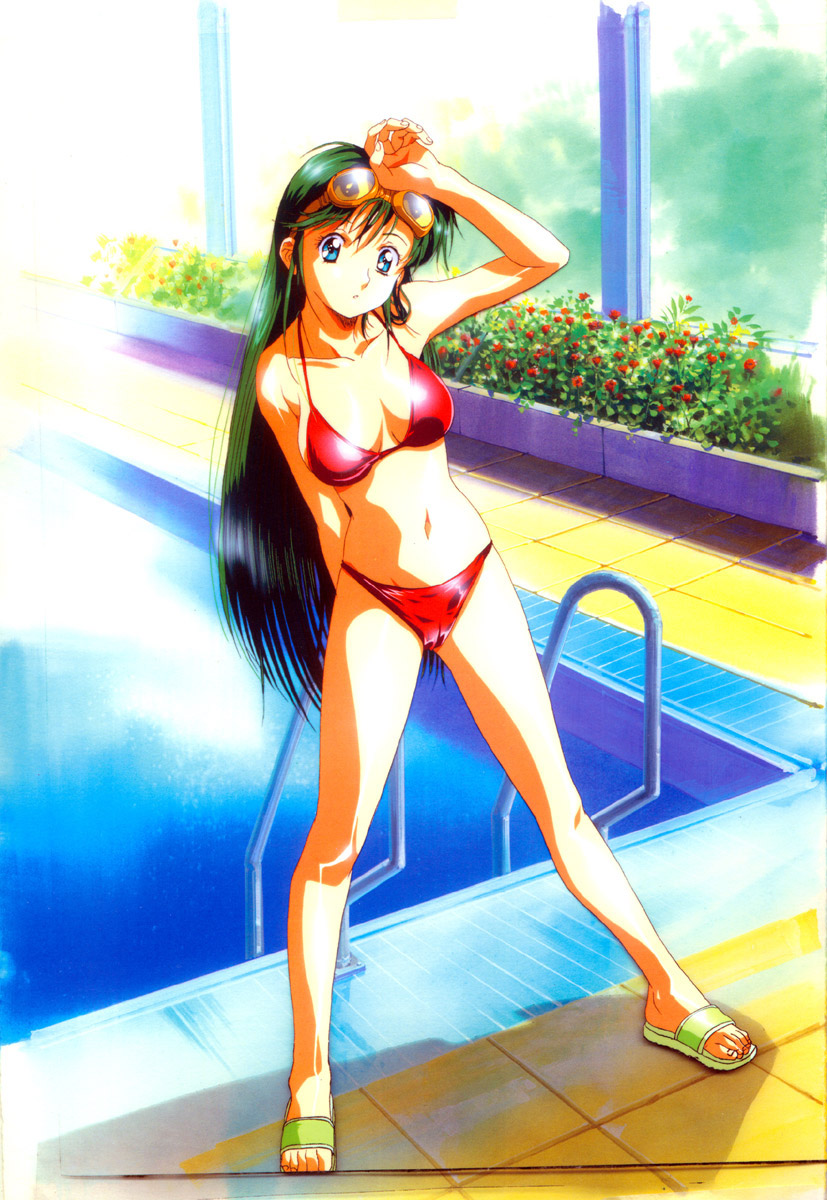 kawarajima kou, nanbara chizuru, choudenji robo combattler v, sunrise (company), toei company, highres, scan, 1970s (style), 1girl, arm behind back, arm up, bare shoulders, bikini, blue eyes, breasts, cameltoe, cleavage, collarbone, female focus, flower, goggles, goggles on head, green hair, legs apart, long hair, navel, oldschool, pool, pool ladder, poolside, red bikini, retro artstyle, sandals, solo, standing, swimsuit, toes, very long hair, water