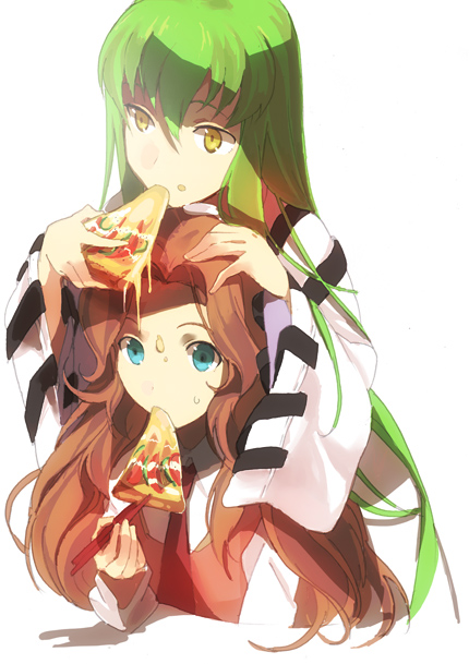 tanu, c.c., nunnally vi britannia, code geass, 00s, 2girls, blue eyes, brown hair, chopsticks, eating, food, glomp, green hair, hug, long hair, mouth hold, multiple girls, on head, pizza, yellow eyes