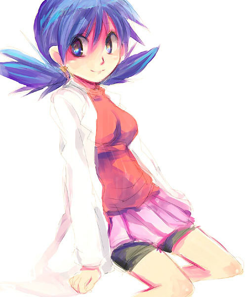 kris (pokemon), nintendo, pokemon, pokemon adventures, 1girl, bike shorts, blue eyes, blue hair, breasts, female focus, jacket, matching hair/eyes, sitting, skirt, smile, solo, twintails, white background