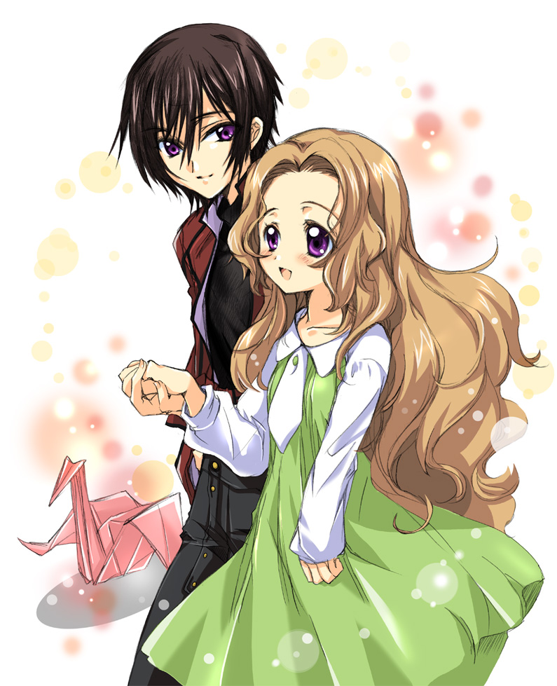 izumi rei, lelouch vi britannia, nunnally vi britannia, code geass, 00s, 1boy, 1girl, black hair, blush, brother and sister, brown hair, long hair, short hair, siblings