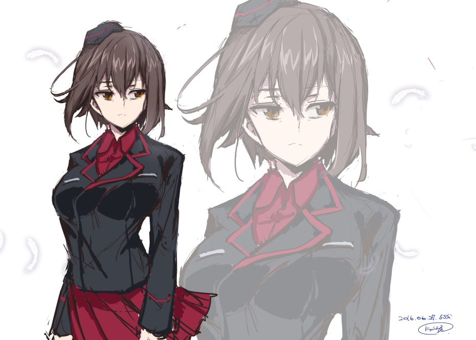 nyuu (manekin-eko), nishizumi maho, girls und panzer, 1girl, breasts, brown eyes, brown hair, clenched hands, dated, feathers, garrison cap, hat, jacket, kuromorimine military uniform, large breasts, looking to the side, military, military hat, military jacket, military uniform, miniskirt, pleated skirt, red shirt, red skirt, shirt, signature, simple background, skirt, solo, upper body, white background