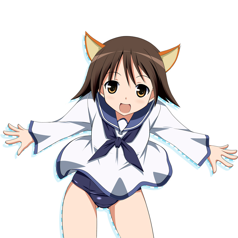 hyokkori tamago, miyafuji yoshika, strike witches, world witches series, 00s, 1girl, animal ears, brown eyes, brown hair, female focus, open mouth, school uniform, serafuku, short hair, solo, swimsuit, swimsuit under clothes