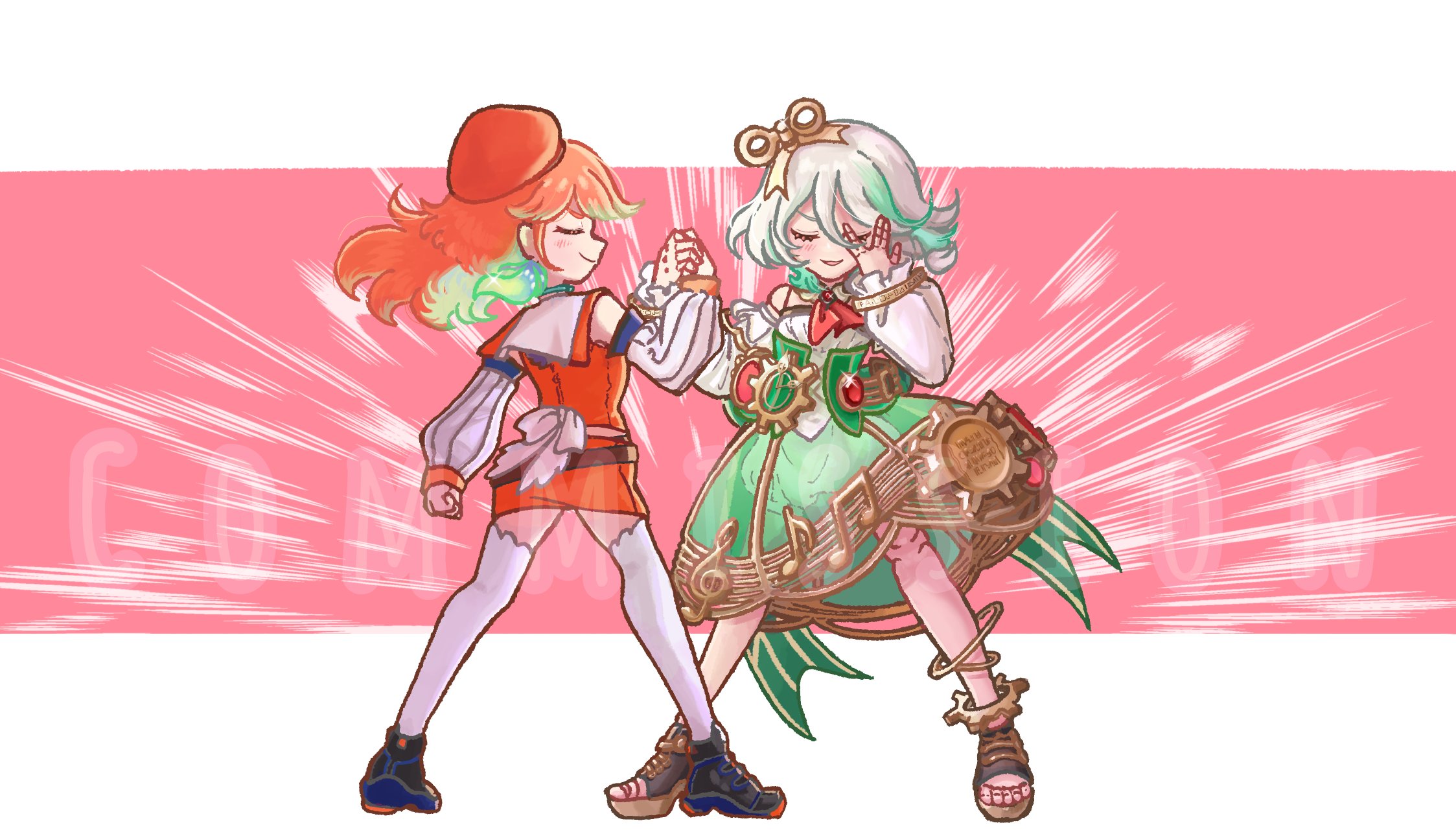 cecilia immergreen, cecilia immergreen (1st costume), takanashi kiara, takanashi kiara (1st costume), hololive, hololive english, highres, 2girls, doll joints, gradient hair, green hair, grey hair, joints, long hair, multicolored hair, multiple girls, orange hair, roronico1512, streaked hair, virtual youtuber, winding key