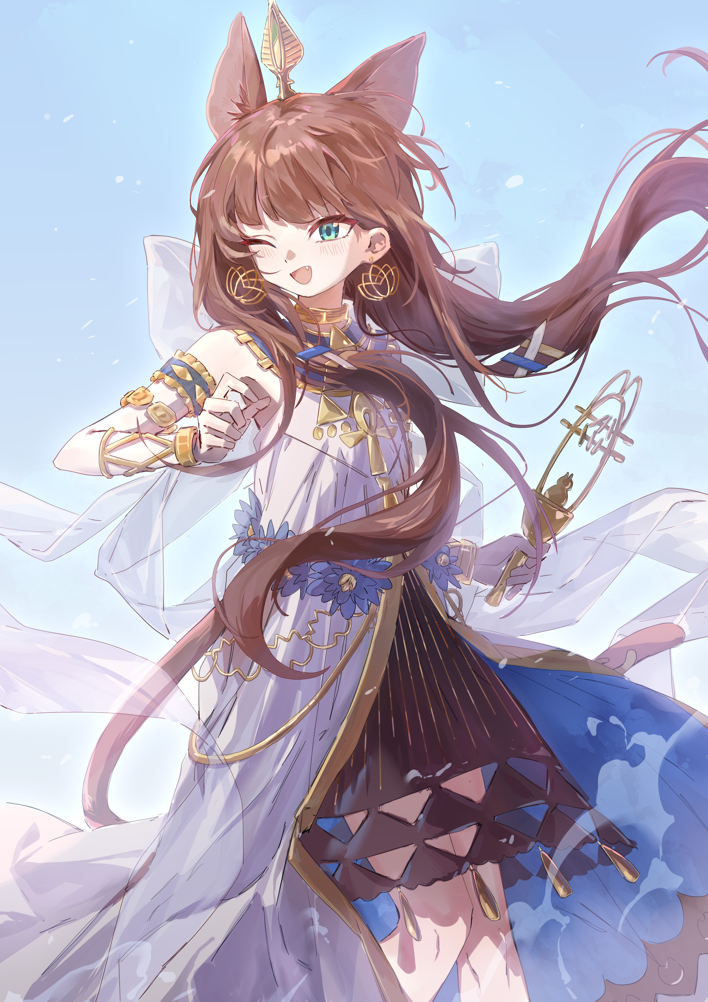 sao7, pepe (arknights), arknights, absurdres, commentary request, highres, 1girl, ;d, animal ears, ankh, armlet, brown hair, cat ears, cat girl, cat tail, clear sky, day, dress, earrings, fang, floating hair, green eyes, hair ornament, happy, holding, jewelry, knees, long hair, looking to the side, one eye closed, open mouth, outdoors, sky, sleeveless, sleeveless dress, smile, solo, tail