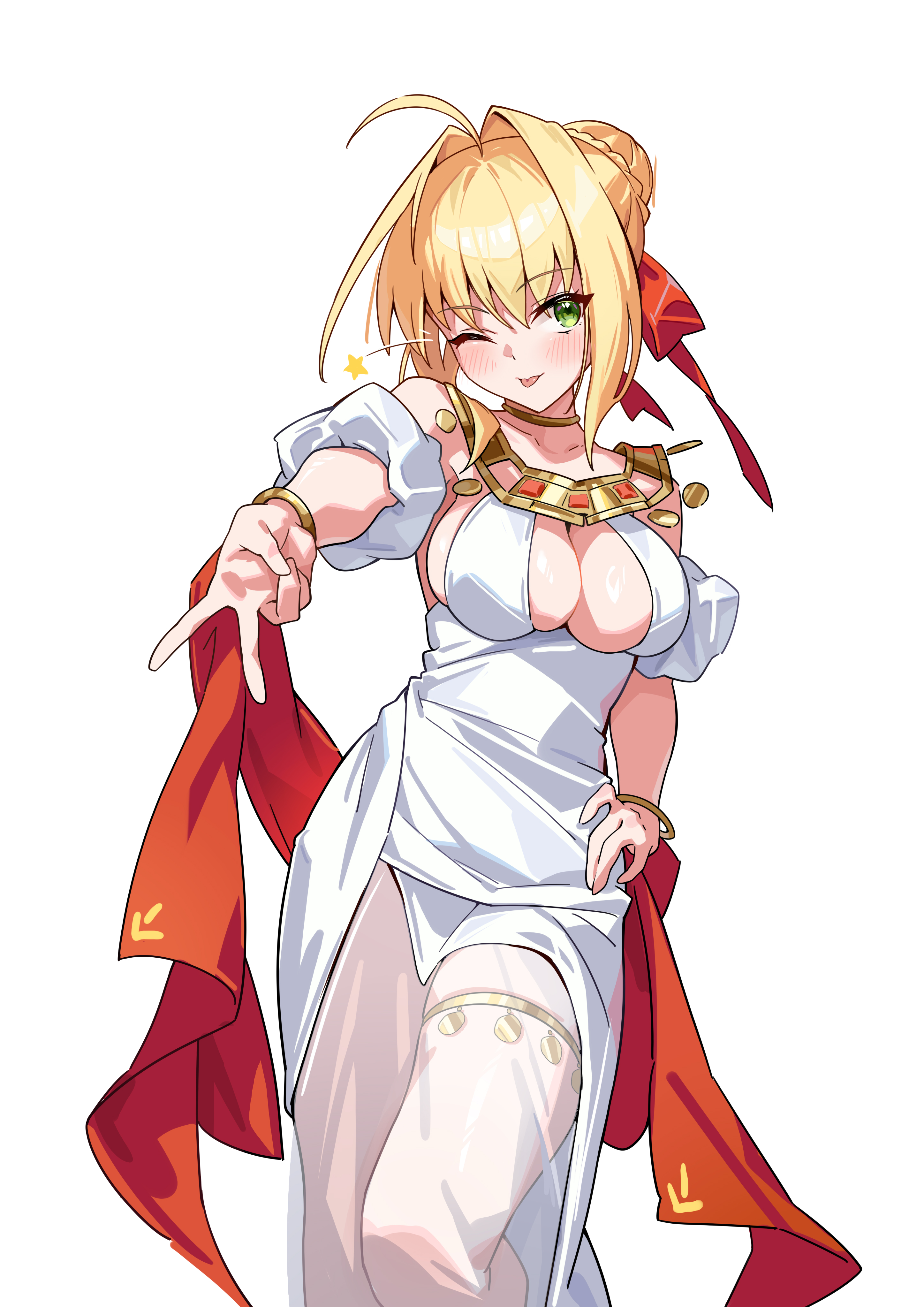 shenqi xiao hong zai nali, nero claudius (fate), nero claudius (formal dress) (fate), fate/grand order, fate (series), absurdres, highres, 1girl, ;p, ahoge, bare shoulders, blonde hair, braid, braided bun, cleavage cutout, clothing cutout, dress, green eyes, hair bun, hair intakes, inward v, official alternate costume, one eye closed, short hair, simple background, solo, thighhighs, tongue, tongue out, v, white background, white dress, white thighhighs