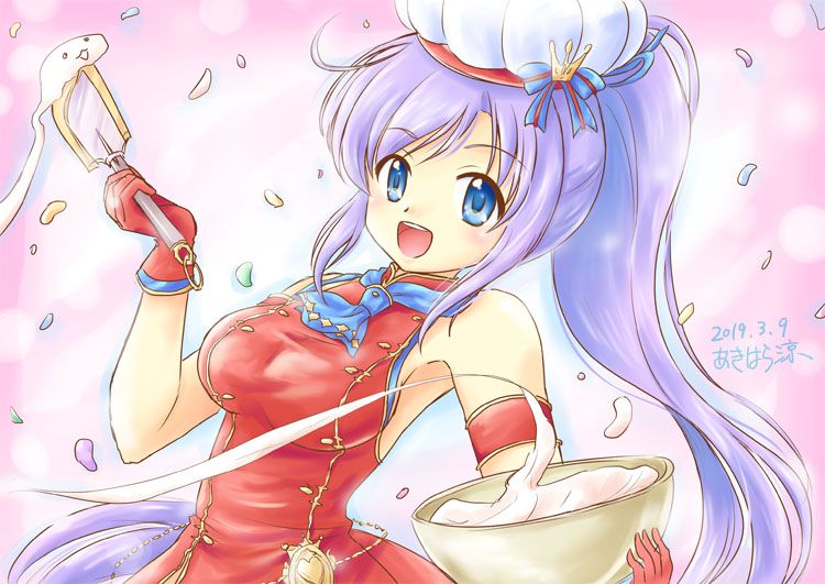 akihara ryou, patricia shandy, iris mysteria!, 1girl, armband, armpits, blue eyes, blue ribbon, bowl, breasts, china dress, chinese clothes, dress, gloves, hat, hat ribbon, holding, holding bowl, large breasts, long hair, mixing bowl, neck ribbon, open mouth, pink background, ponytail, purple hair, red armband, red dress, red gloves, ribbon, sleeveless, sleeveless dress, solo, spatula, very long hair, whipped cream, white hat