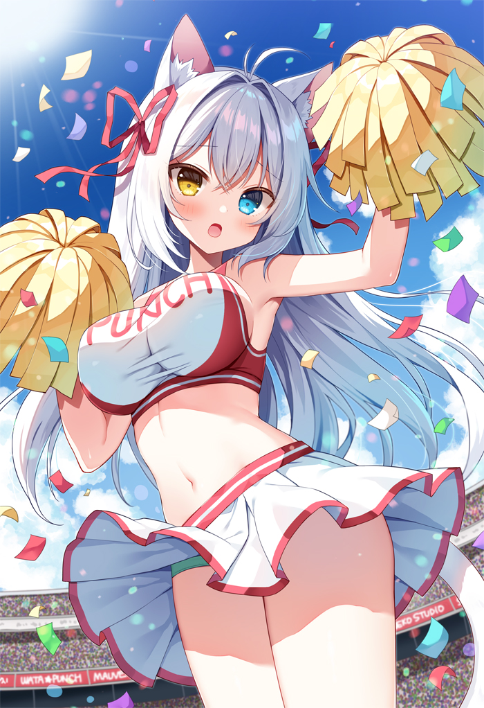 mauve, aina rive, original, commentary request, 1girl, :o, animal ears, antenna hair, bare arms, bare shoulders, blue eyes, blue sky, blush, breasts, cat ears, cat girl, cat tail, cheerleader, clothes writing, cloud, confetti, crop top, crossed bangs, day, double-parted bangs, from below, green panties, grey hair, hair intakes, hair ribbon, heterochromia, holding, impossible clothes, large breasts, long hair, looking at viewer, looking down, navel, open mouth, outdoors, panties, pleated skirt, pom pom (cheerleading), red ribbon, ribbon, skirt, sky, solo, standing, tail, underwear, very long hair, white skirt, yellow eyes