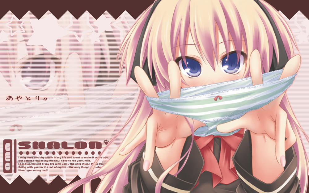 ryo (botugo), shalon, quiz magic academy, 1girl, blue eyes, blush, bow, bow panties, female focus, holding, holding panties, holding underwear, holding unworn clothes, loli, long hair, panties, pink hair, presenting removed panties, solo, striped clothes, striped panties, underwear, unworn panties