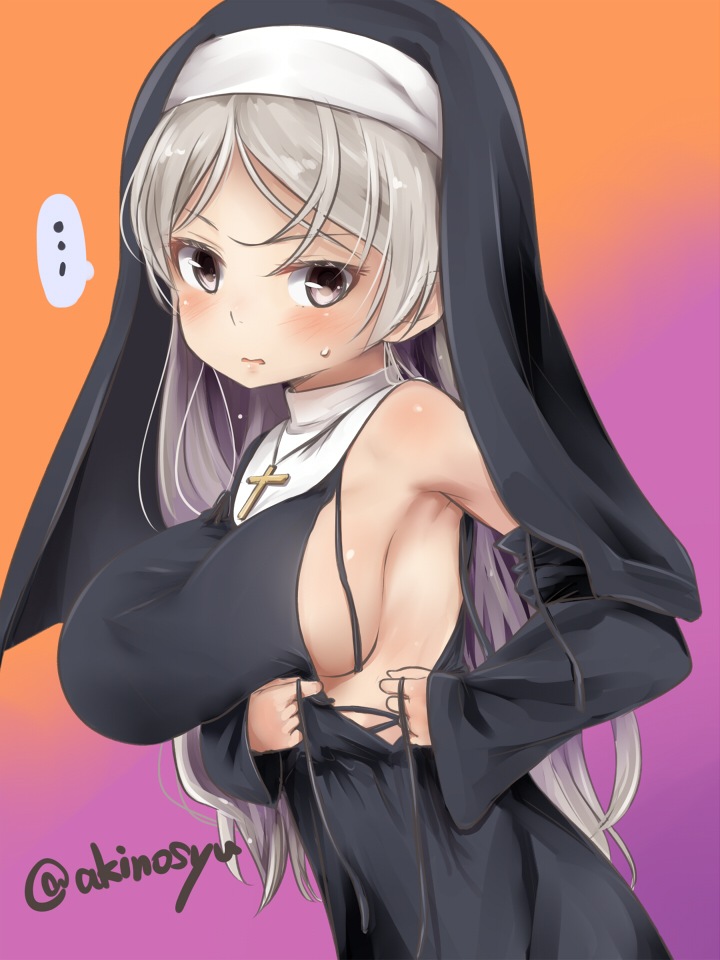 akino shuu, conte di cavour (kancolle), kantai collection, commentary request, …, 1girl, black dress, blush, breasts, cross, dress, gradient background, grey eyes, grey hair, large breasts, latin cross, long hair, looking at viewer, nun, open mouth, orange background, purple background, small sweatdrop, solo, speech bubble, spoken ellipsis, very long hair
