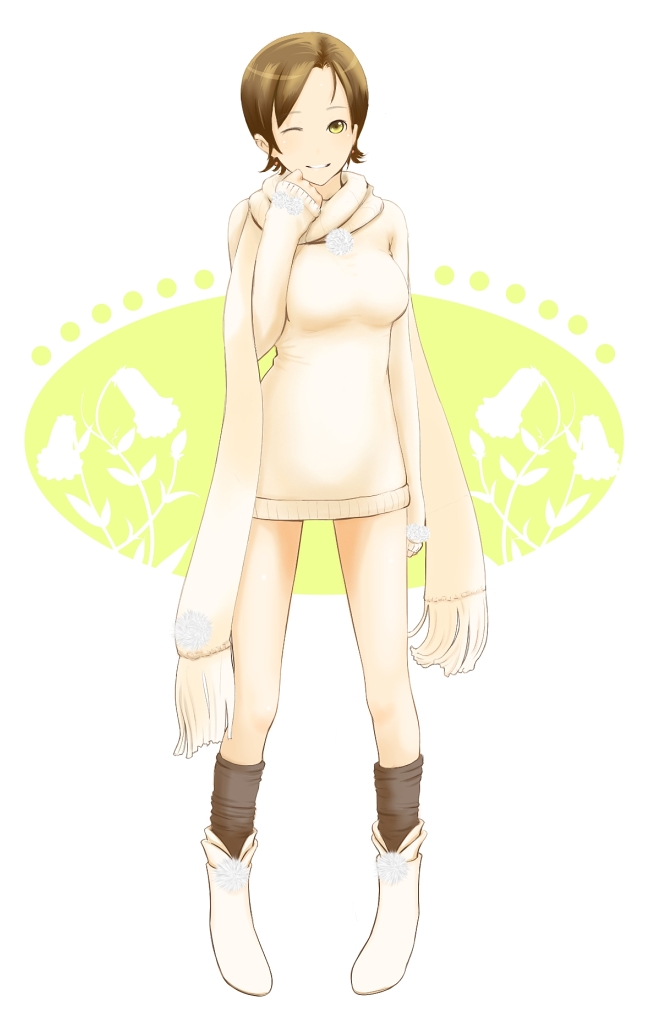 nanahime, original, bad id, bad pixiv id, boots, brown hair, legs, loose socks, one eye closed, scarf, short hair, socks, solo, sweater, wink, yellow eyes