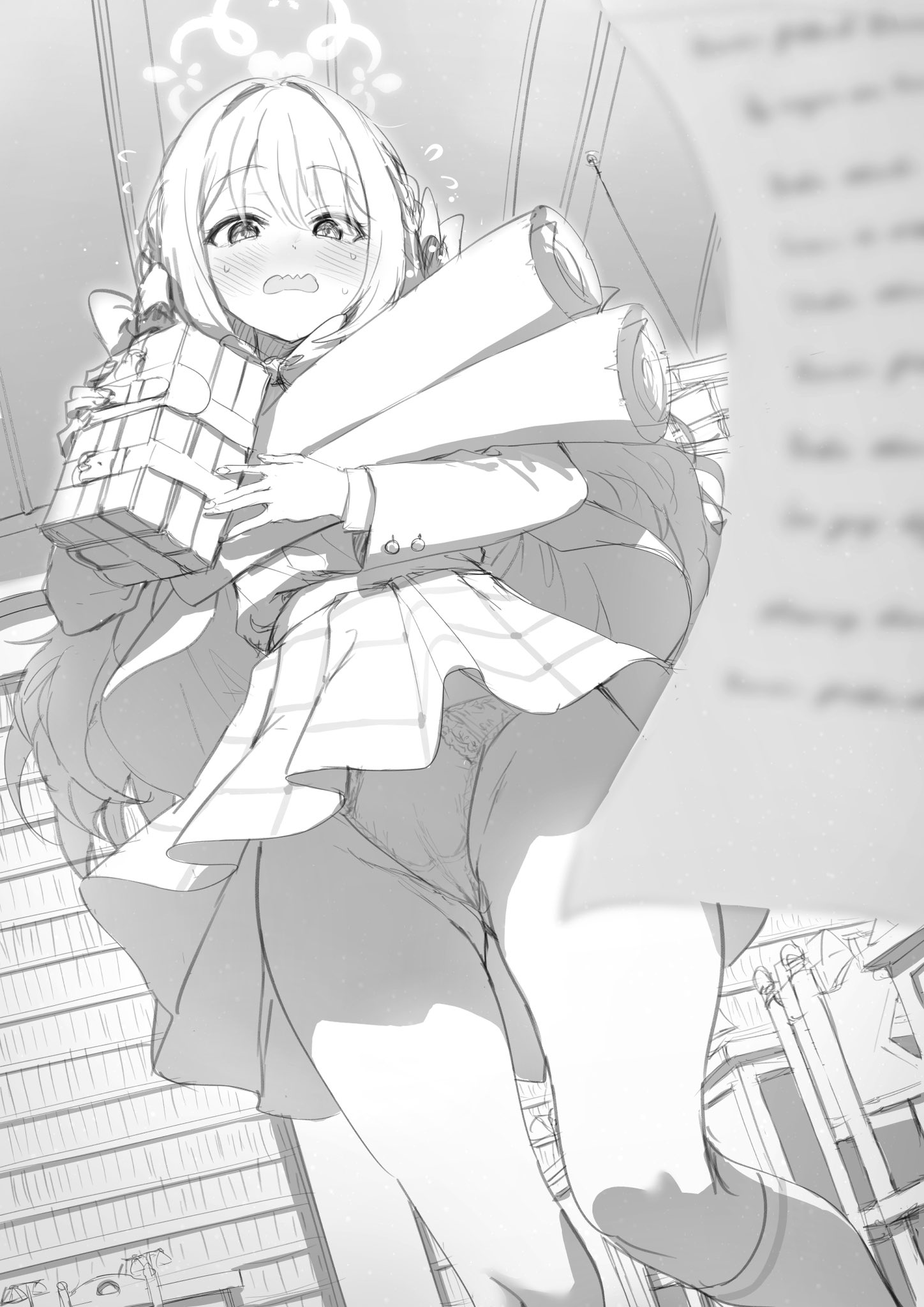 akita hika, miyo (blue archive), blue archive, highres, 1girl, blush, book, bow, bowtie, braid, choppy bangs, from below, hair ribbon, halo, holding, holding book, holding paper, jacket, long hair, looking down, monochrome, panties, pantyshot, paper, plaid clothes, plaid skirt, ribbon, ribbon braid, rolled up paper, shirt, shirt tucked in, sketch, skirt, solo, underwear, white bow, white shirt
