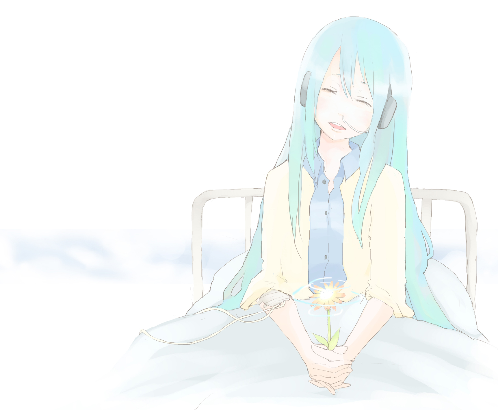 tansuke, hatsune miku, shiningray (vocaloid), vocaloid, highres, 1girl, alternate hairstyle, bed, blue hair, breathing tube, closed eyes, dying, female focus, flower, hair down, headphones, holding, holding flower, hospital bed, intravenous drip, long hair, sick, smile, solo