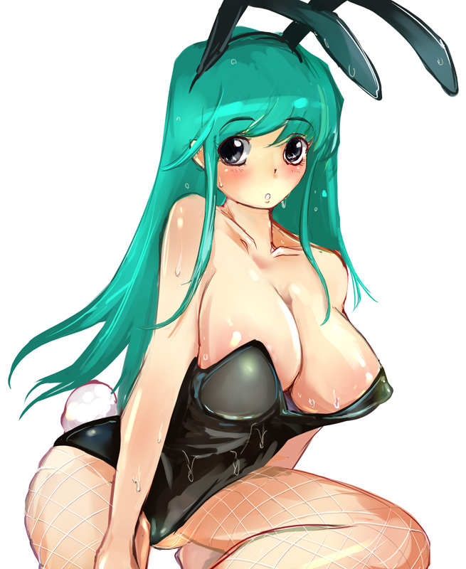 suoni (deeperocean), original, 1girl, animal ears, aqua hair, bare shoulders, black eyes, blush, breasts, fake animal ears, female focus, fishnet pantyhose, fishnets, large breasts, long hair, pantyhose, playboy bunny, rabbit ears, rabbit tail, solo, sweat, tail, wet