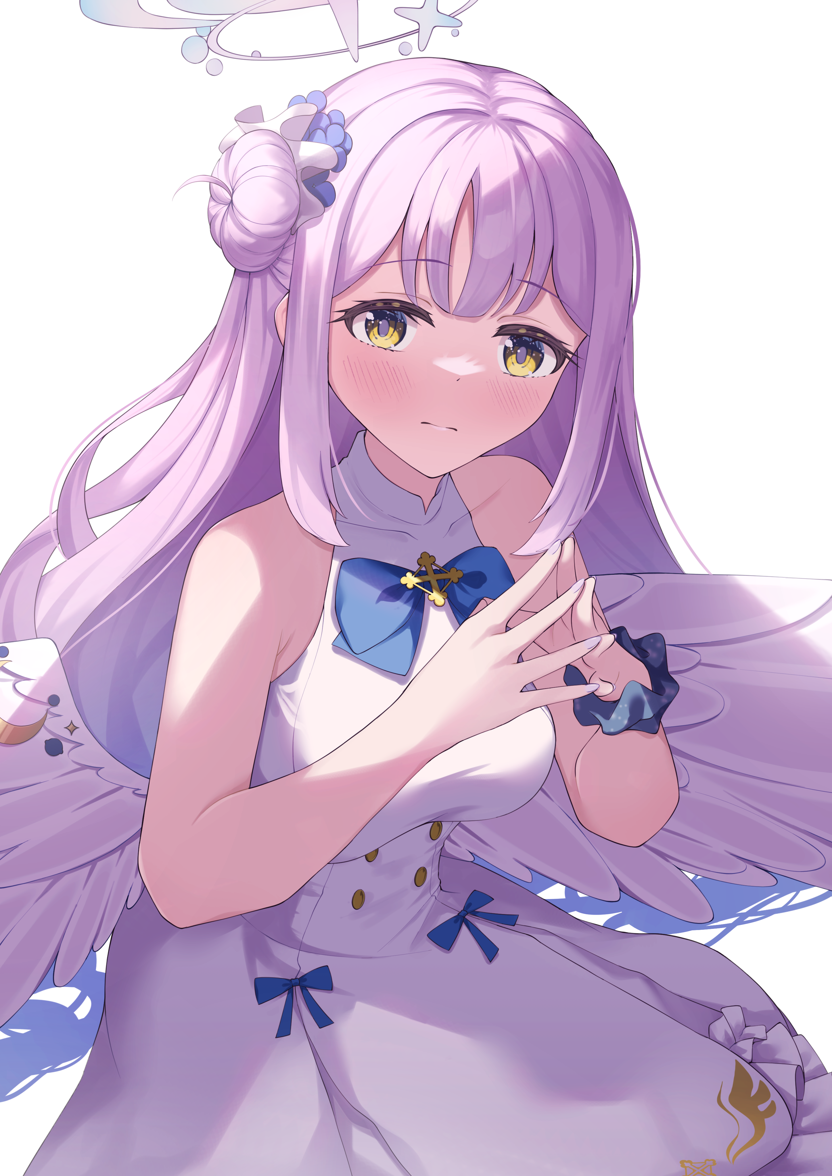 fukujin, mika (blue archive), blue archive, absurdres, commentary request, highres, 1girl, :|, black scrunchie, blush, buttons, closed mouth, crescent, double-breasted, dress, feathered wings, hair bun, halo, high-waist skirt, long hair, low wings, pink hair, pink halo, scrunchie, side up bun, simple background, single hair bun, skirt, sleeveless, sleeveless dress, solo, white background, white dress, white scrunchie, white skirt, white wings, wing ornament, wings, wrist scrunchie, yellow eyes